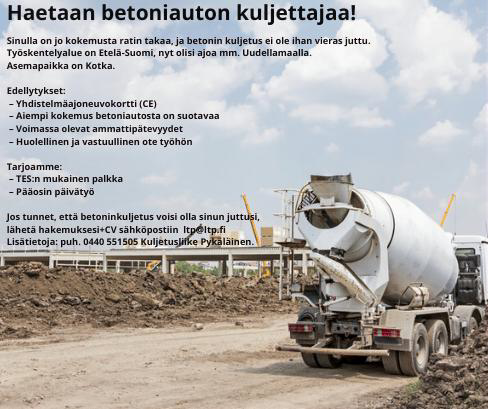 Betoniauton kuljettajalle töitä